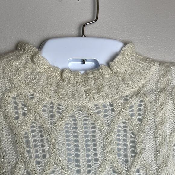 New Express Ruffle Mock Neck Pointelle Peplum Sweater White Gold Glam Holiday S - Picture 5 of 11